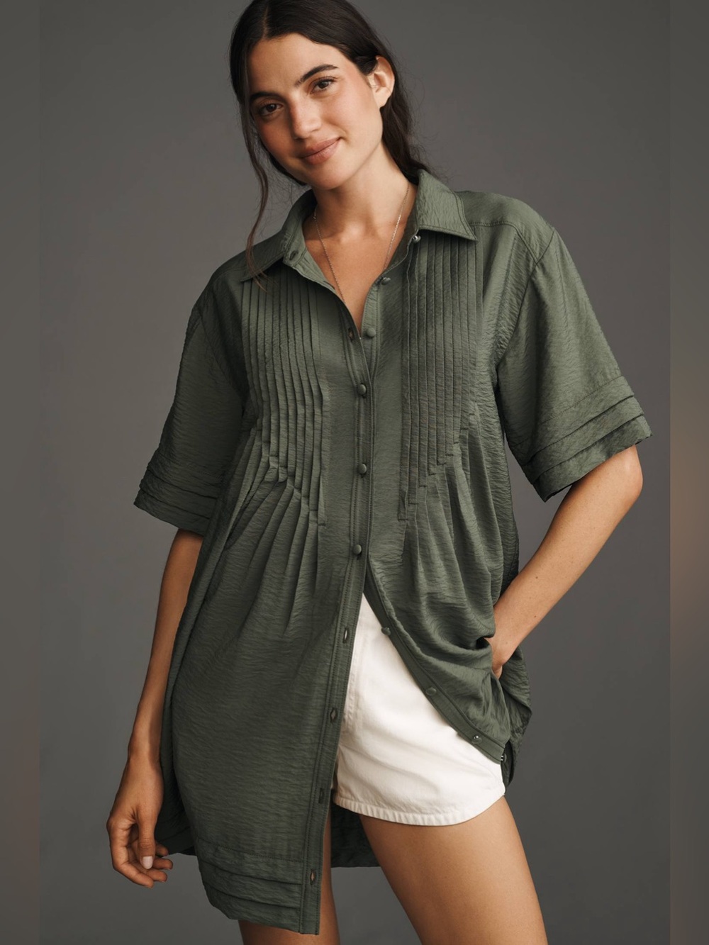 Pilcro Anthropologie Pintuck Tunic Shirt Dress Olive Green Medium